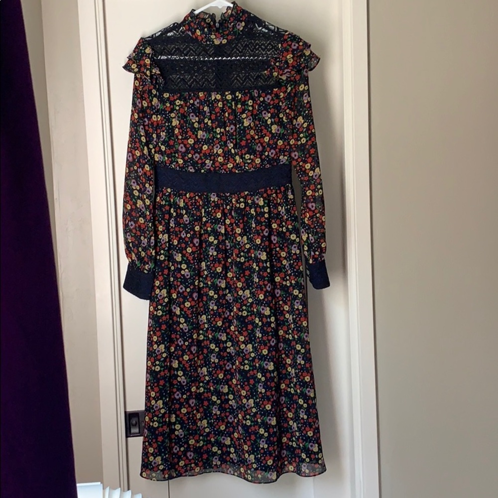 Modcloth Black Floral Midi Dress with Navy Trim